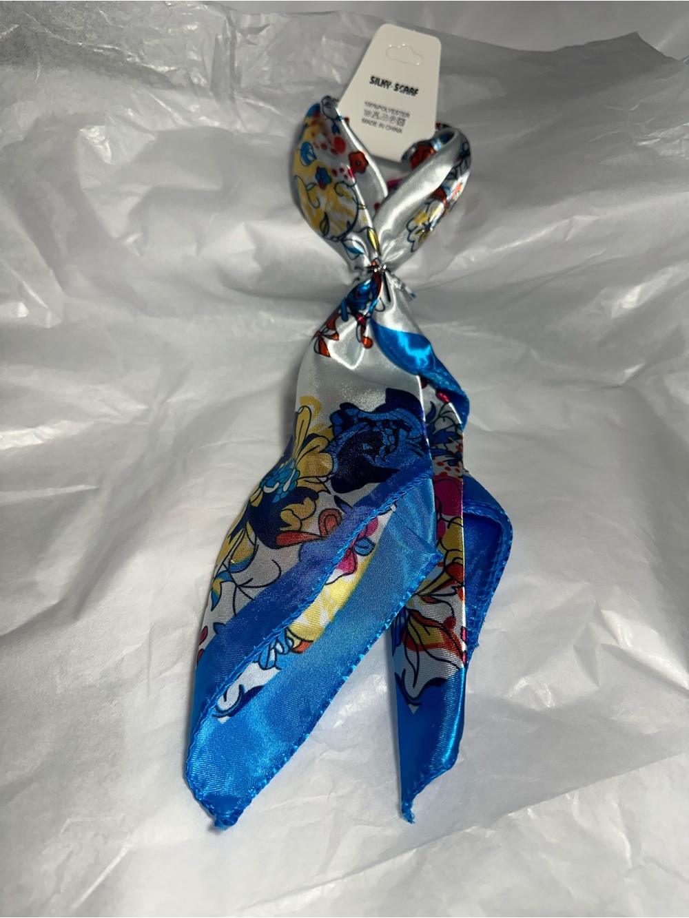Silky Blue Floral Print Neck Scarf